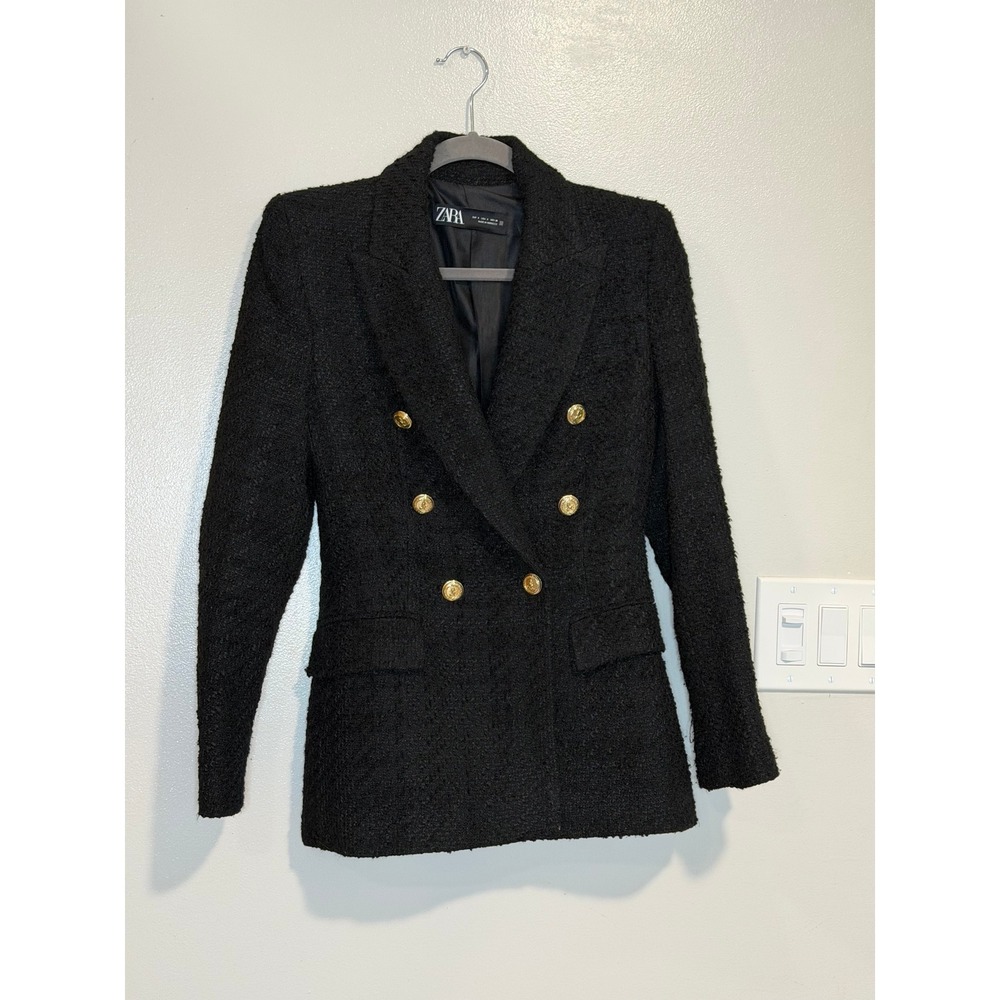 Zara Black Tweed Double Breasted Blazer Gold Crest Buttons Small